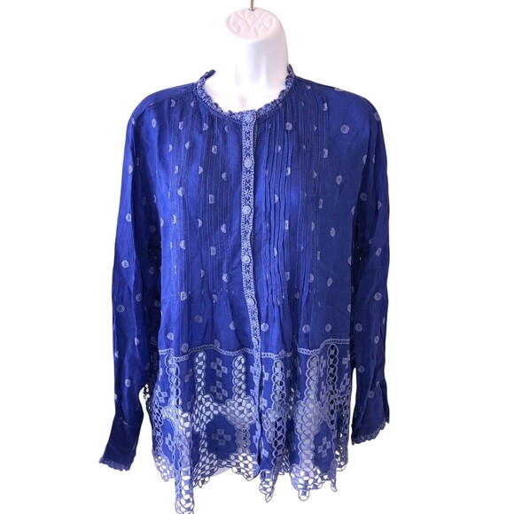 NWT Johnny Was Sz S Silky Cobalt Blue Tunic Top Embroidered Eyelet Lace Summer - Picture 1 of 12